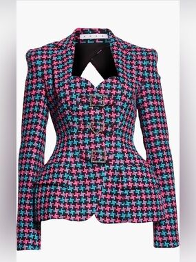 AREA Pink and Blue Tweed Peplum Blazer with Jewel Buttons